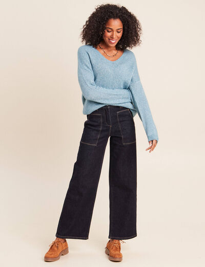 Pull col v bleu p&eacute;trole femme