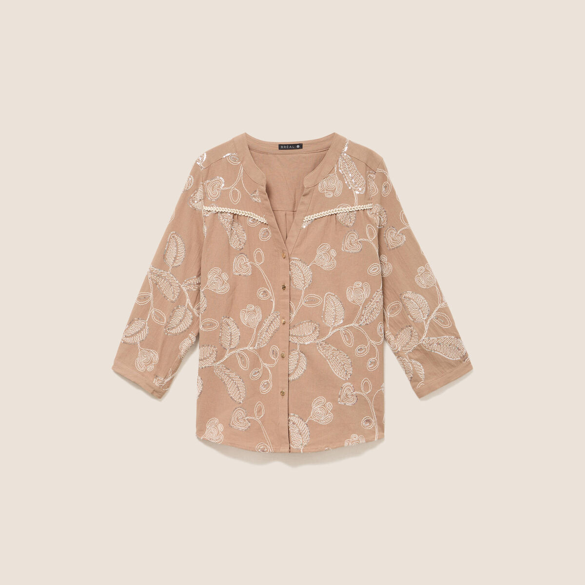 Blouse col tunisien manches 3/4 beige femme
