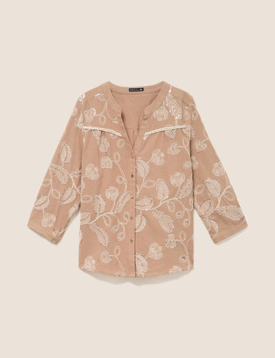 Blouse col tunisien manches 3/4 beige femme