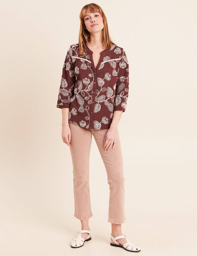 Blouse col tunisien manches 3/4 marron femme