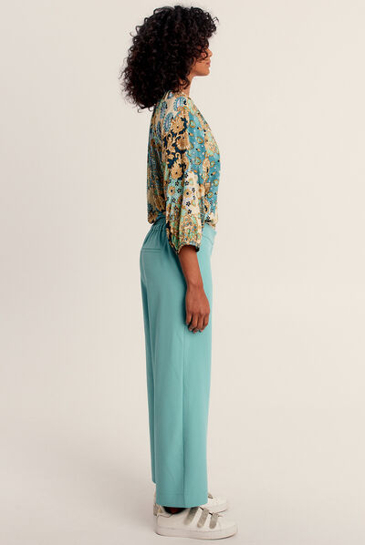 Pantalon flou 7/8ème bleu canard femme