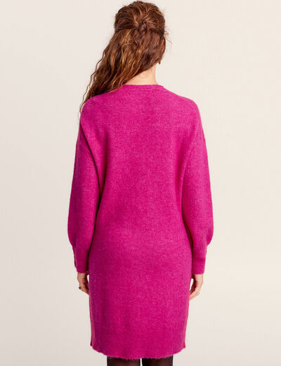 Robe pull droite col en V rose fushia femme