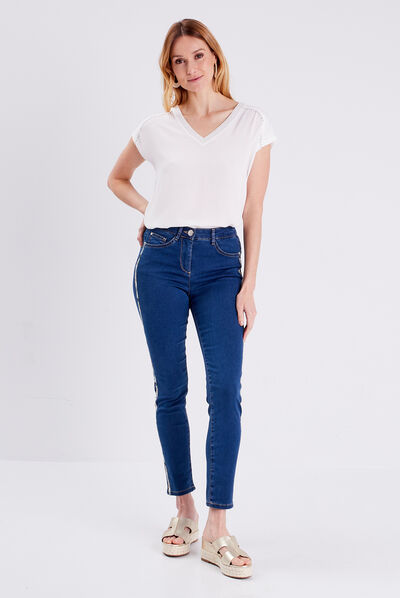 Jean ajusté avec bandes denim stone femme