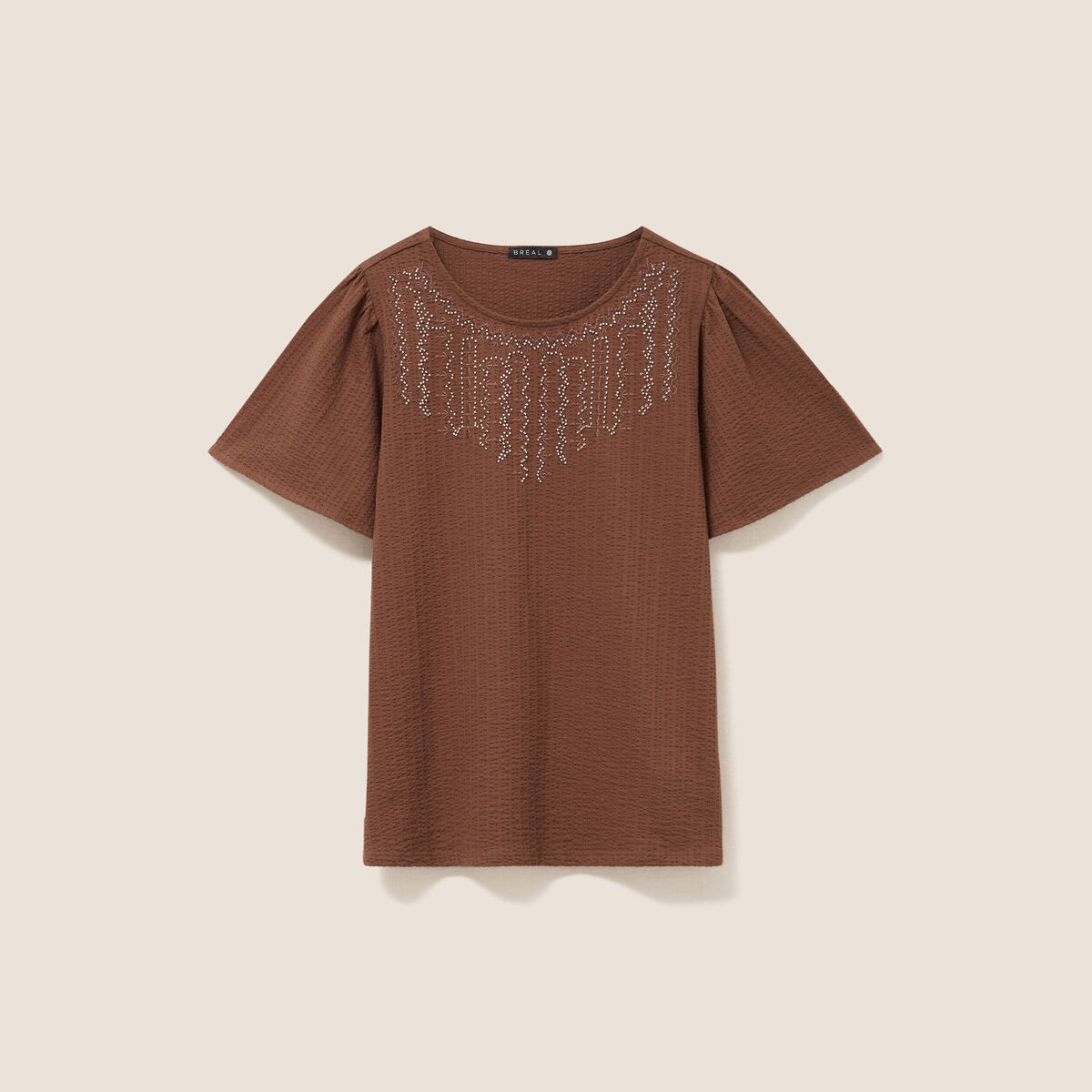 Blouse broderie col rond manches courtes marron femme