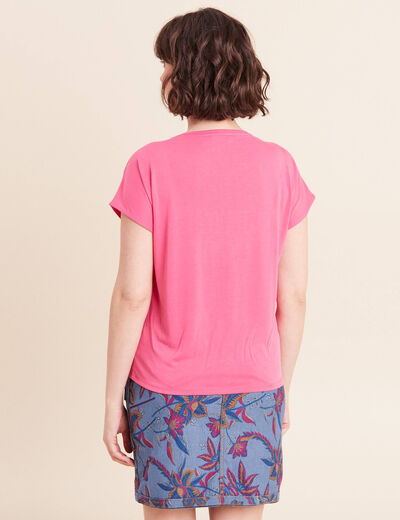 T-shirt col rond manches courtes brod&eacute; rose fushia femme