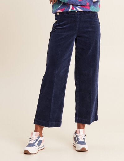 Pantalon large velours c&ocirc;tel&eacute; bleu marine femme