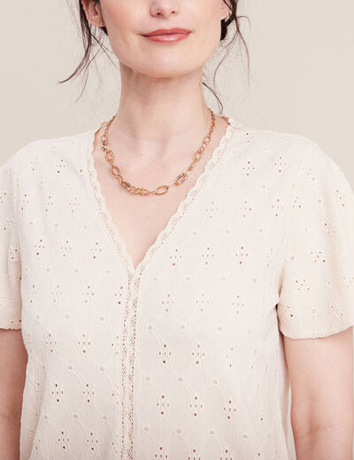 Blouse manches courtes brodée ivoire femme