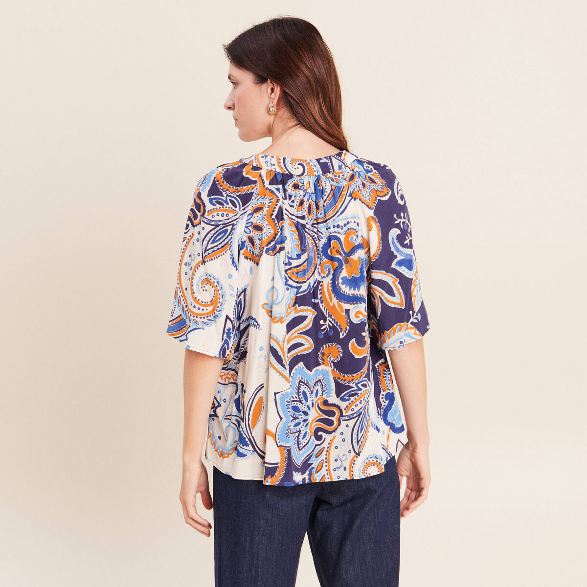 Blouse ample col v manches 3/4 bleu femme