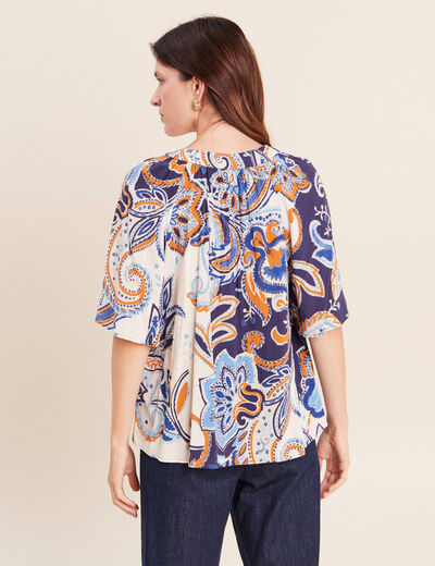 Blouse ample col v manches 3/4 bleu femme