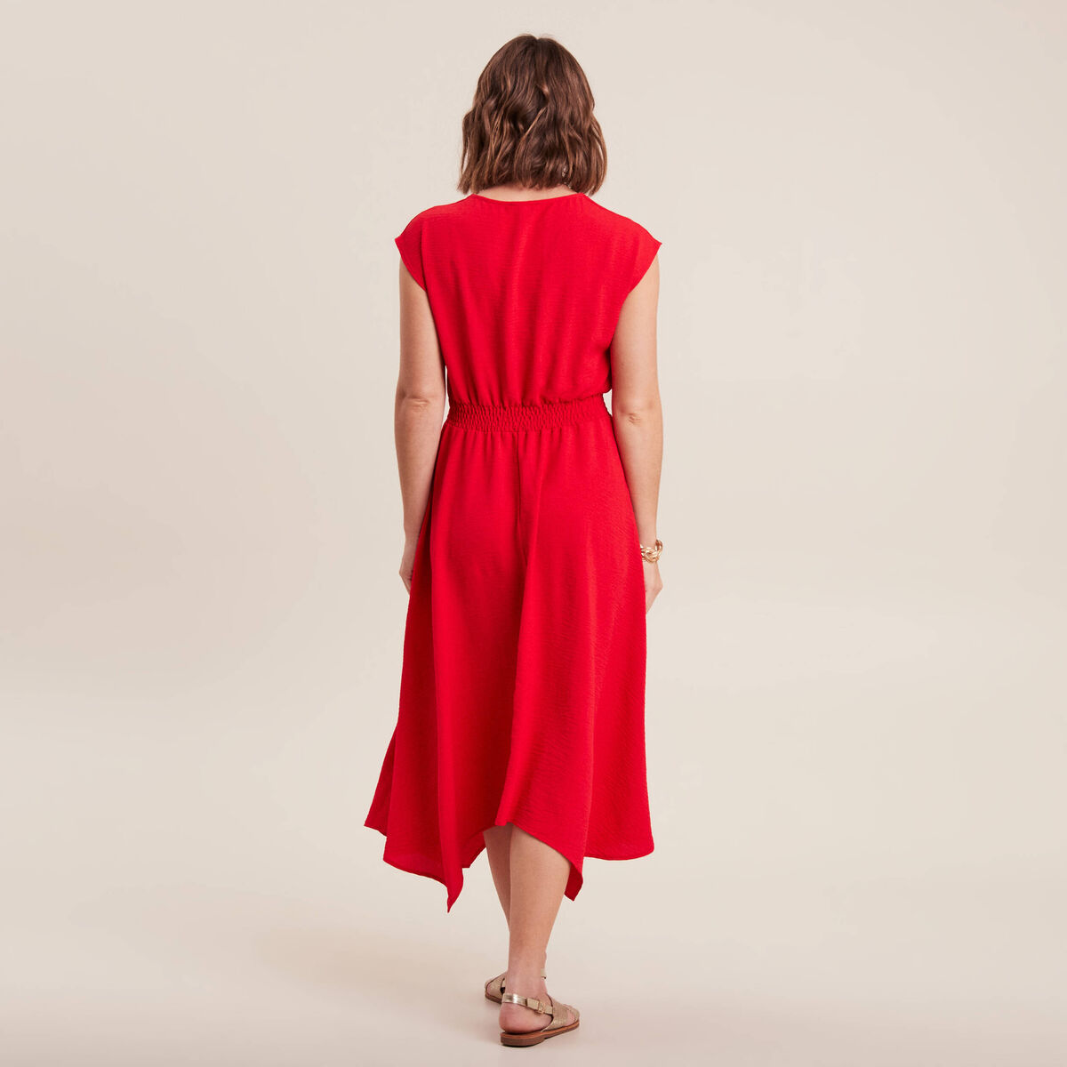 Robe évasée taille smockée rouge femme