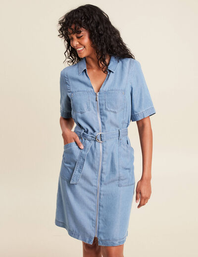 robe droite courte manches coudes denim double stone femme