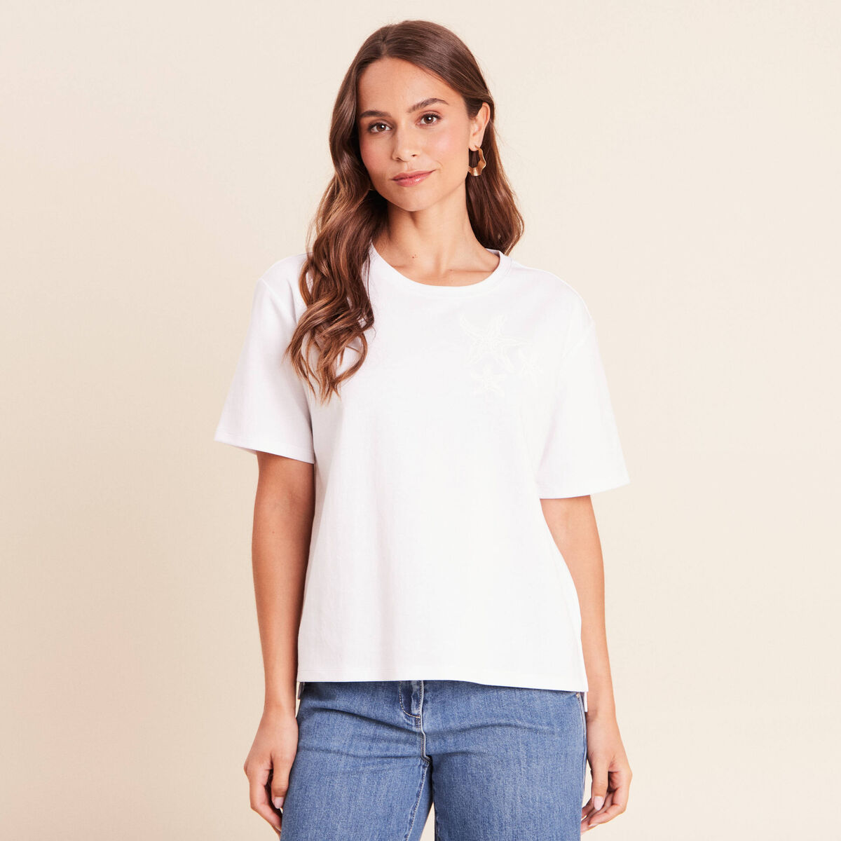 T-shirt col rond manches courtes sequins blanc femme