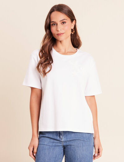 T-shirt col rond manches courtes sequins blanc femme