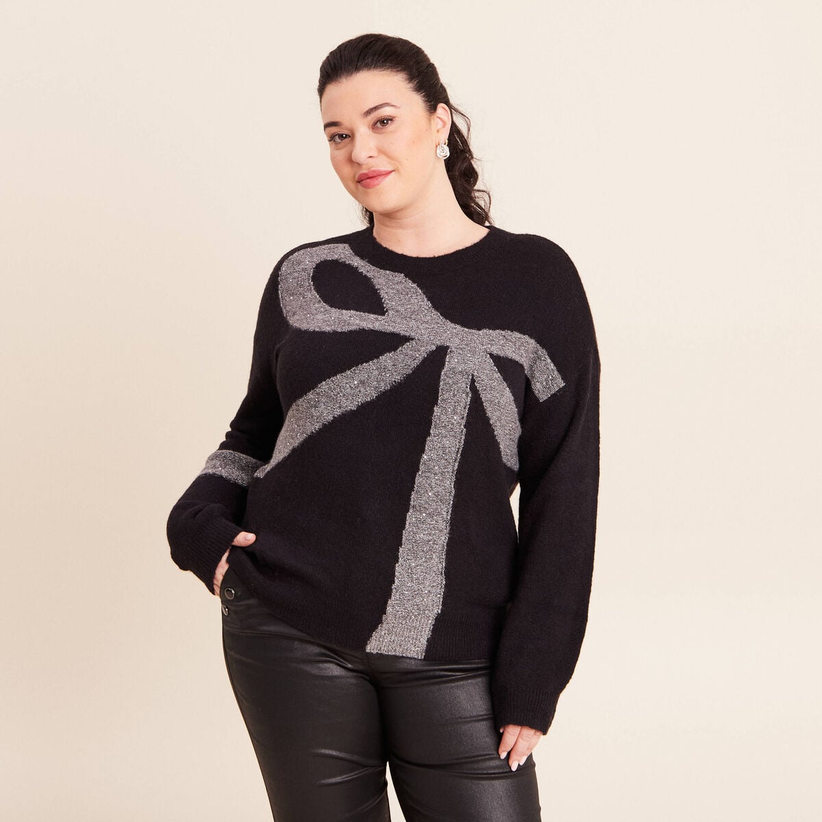 Pull col bateau manches longues noir femme