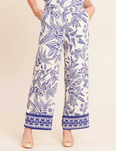 Pantalon large 7/8&egrave;me taille haute bleu femme