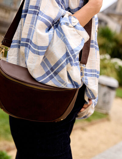 Sac banane bi-mati&egrave;re bandouli&egrave;re marron fonc&eacute; femme