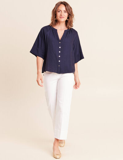 Blouse ample col v manches 3/4 bleu marine femme