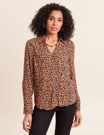 Chemise cintr&eacute;e manches longues fluide marron femme