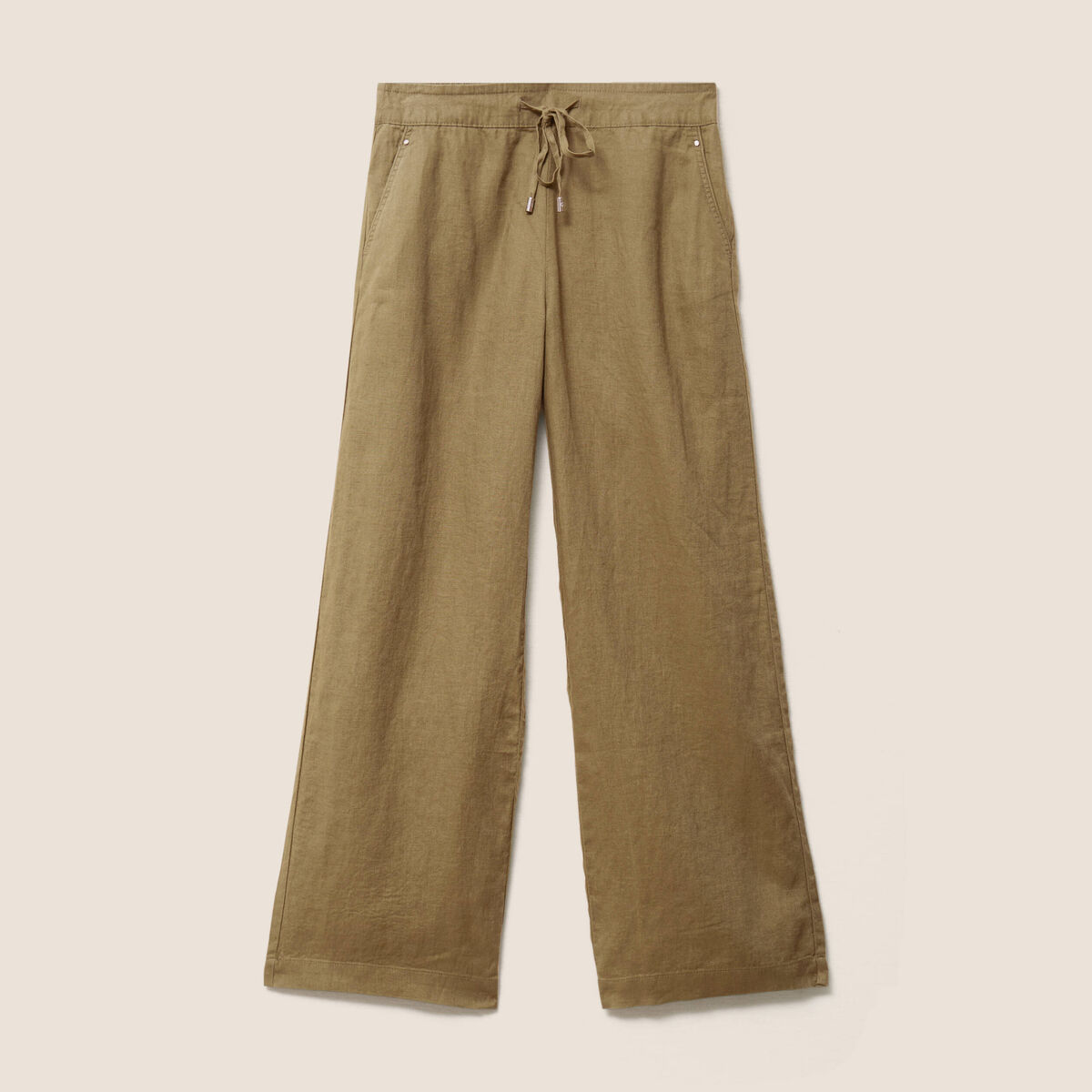 Pantalon large taille haute aspect lin vert kaki femme