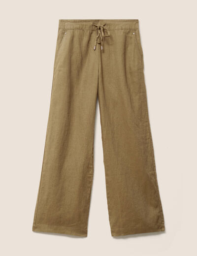 Pantalon large taille haute aspect lin vert kaki femme
