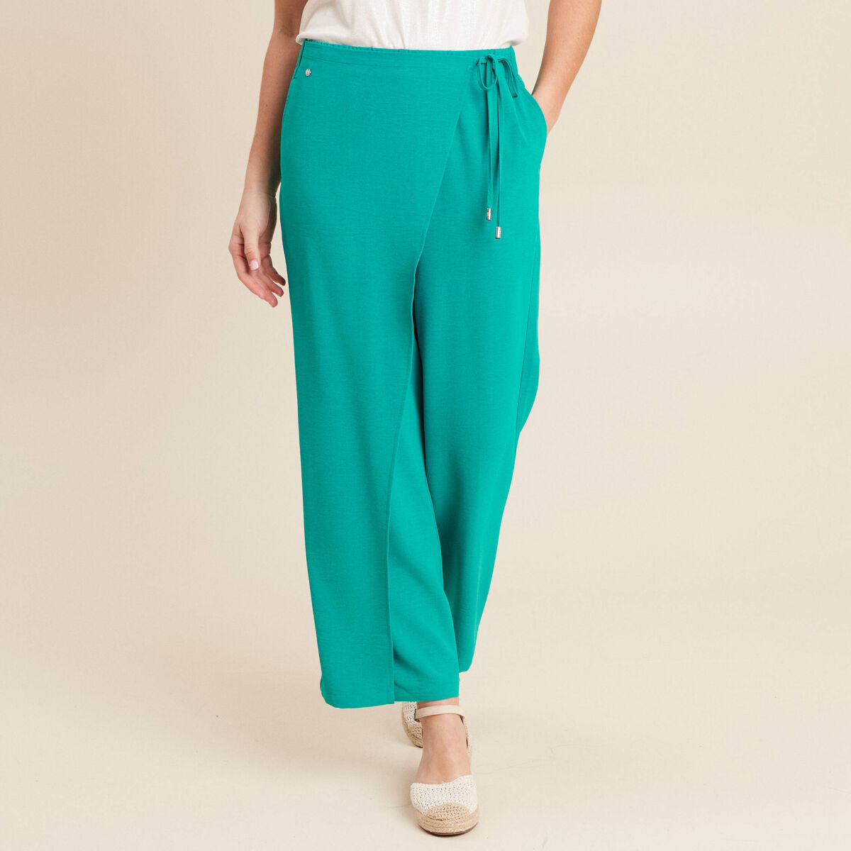 Pantalon flou avec pan vert émeraude femme