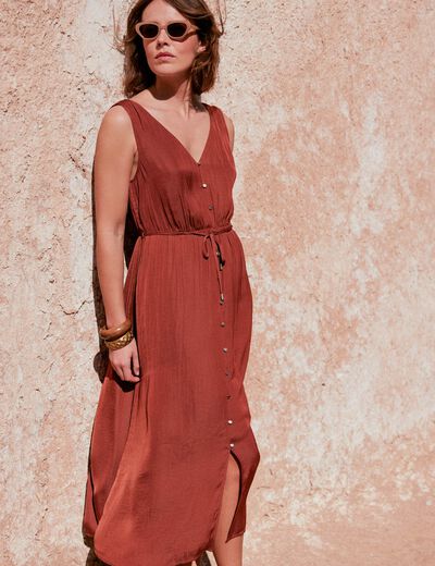 Robe midi évasée satin marron foncé femme