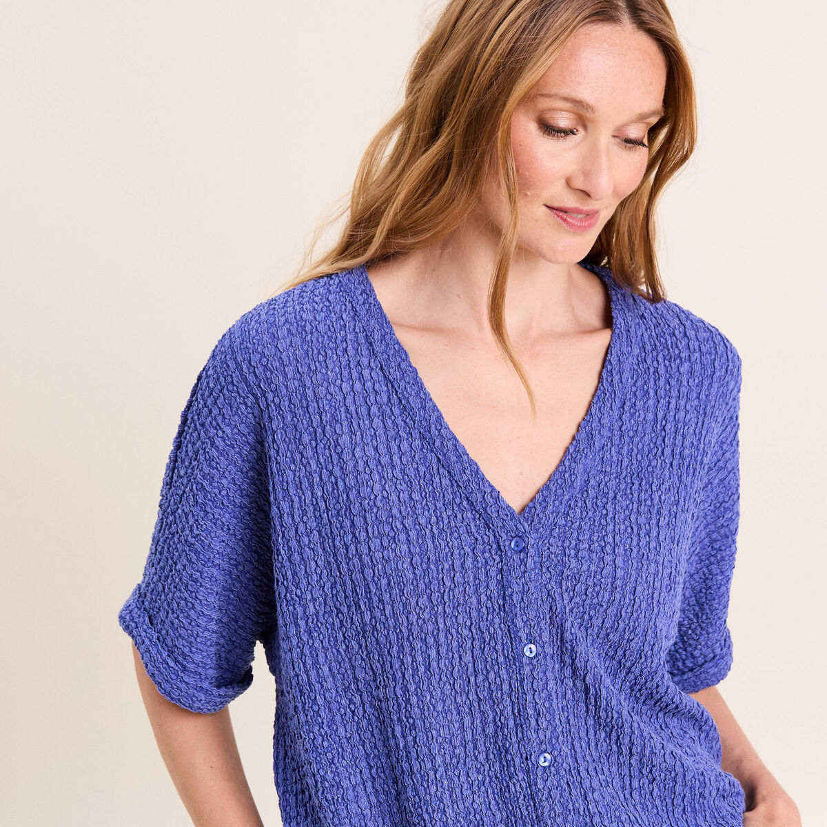 Chemisette effet boule manches courtes bleu roi femme