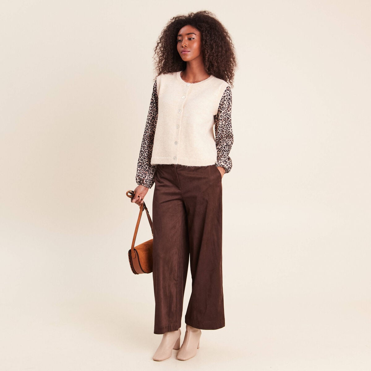 Pull col rond beige femme