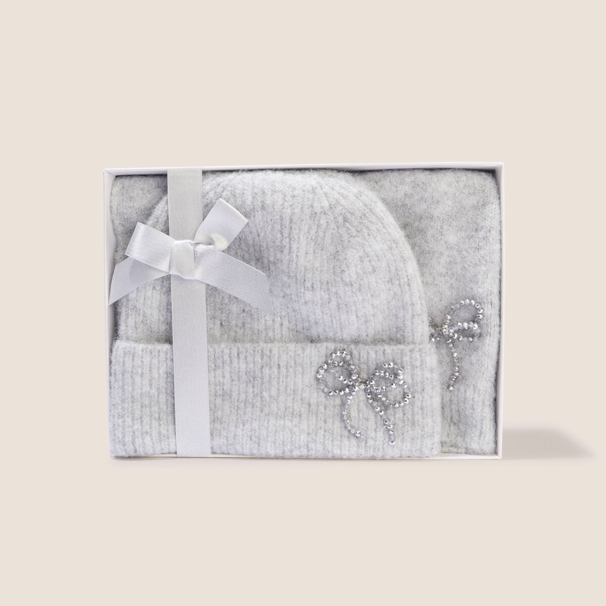 Coffret &eacute;charpe et bonnet &agrave; strass gris clair femme