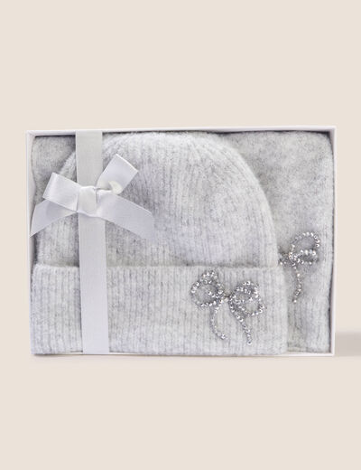 Coffret &eacute;charpe et bonnet &agrave; strass gris clair femme