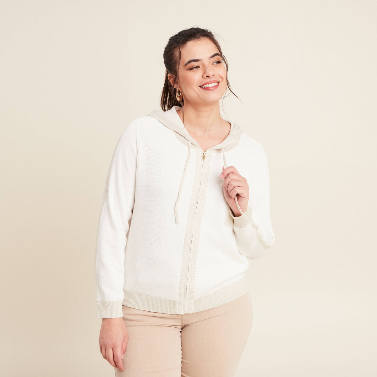Gilet à capuche zippé ecru femme