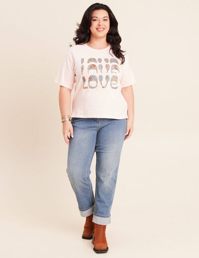 T-shirt col rond manches courtes rose clair femme