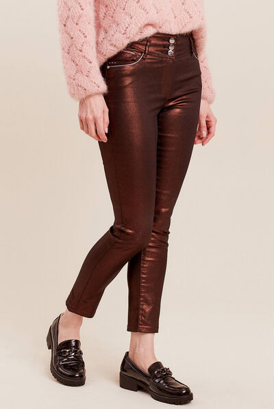 Pantalon ajusté aspect irisé marron foncé femme