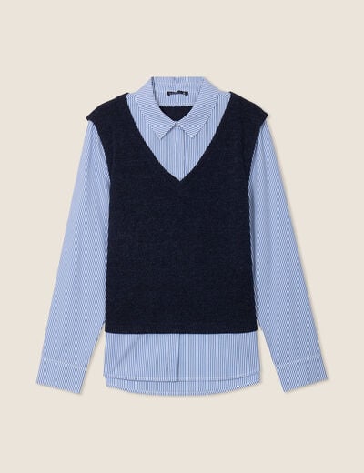Pull effet 2-en-1 chemise bleu foncé femme