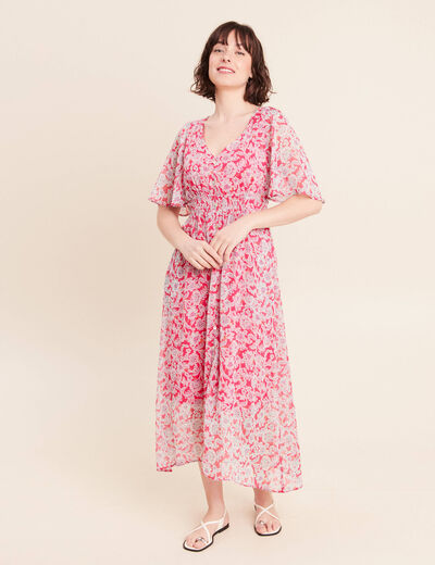 Robe longue &eacute;vas&eacute;e col v manches coudes rose femme