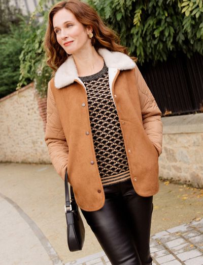 Blouson suédine boutonné camel femme