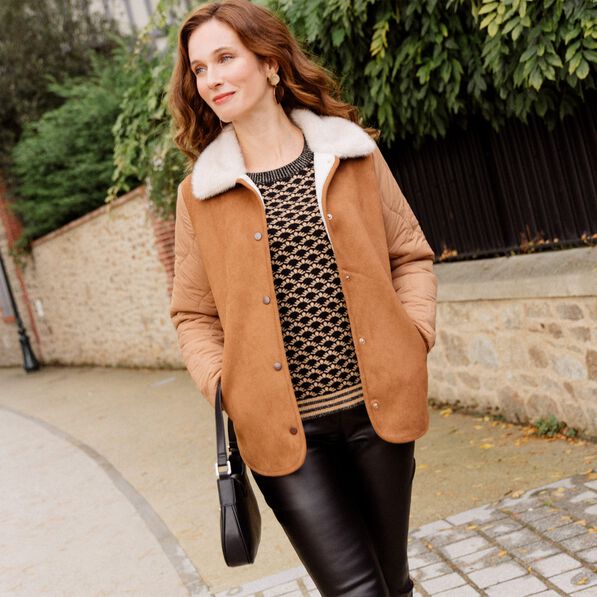 Blouson suédine boutonné camel femme
