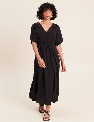 Robe longue &eacute;vas&eacute;e col v manches coudes noir femme