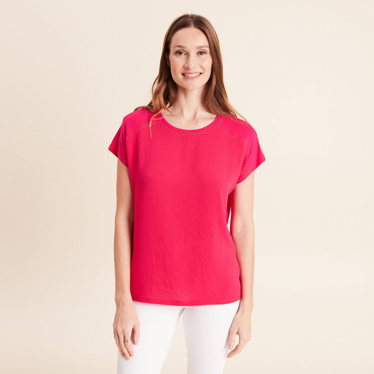 T-shirt bi-mati&egrave;re manches courtes rose fushia femme