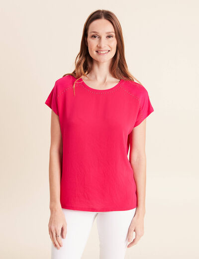T-shirt bi-mati&egrave;re manches courtes rose fushia femme