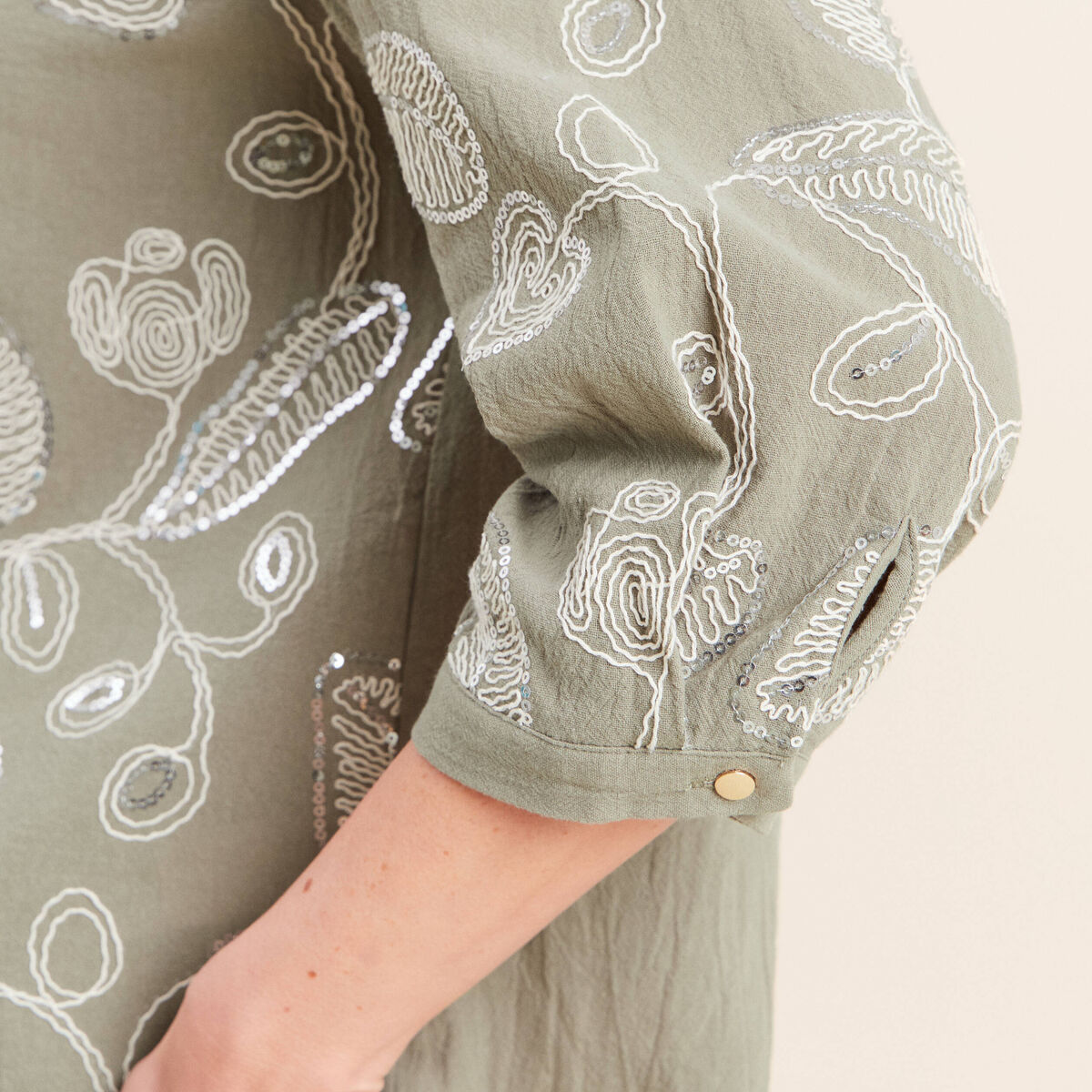 Blouse col tunisien manches 3/4 vert femme