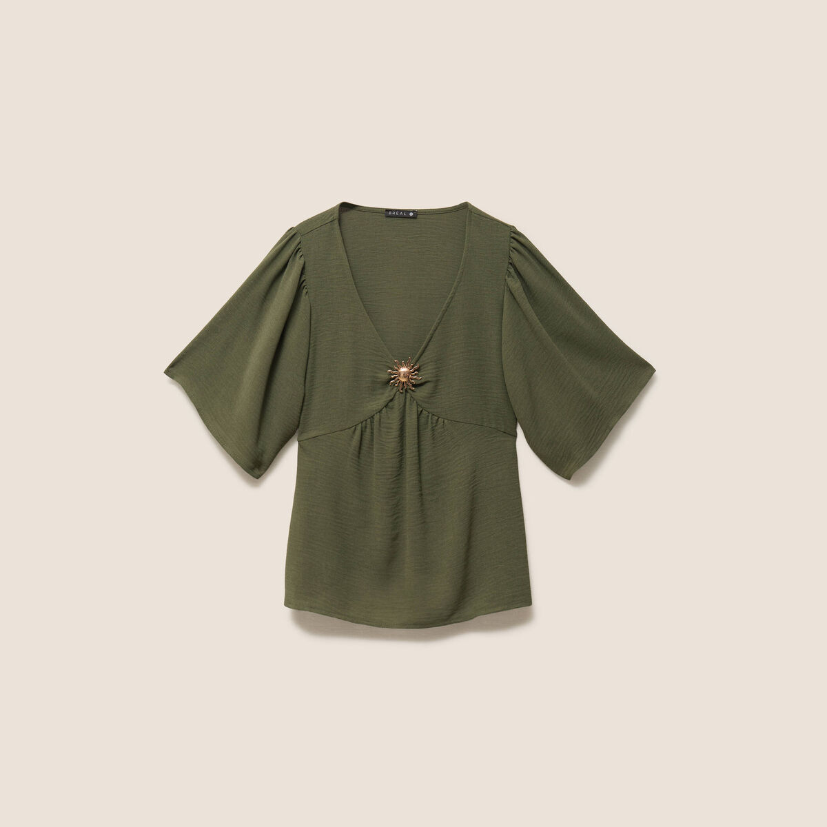 Blouse ample col v manches courtes vert kaki femme