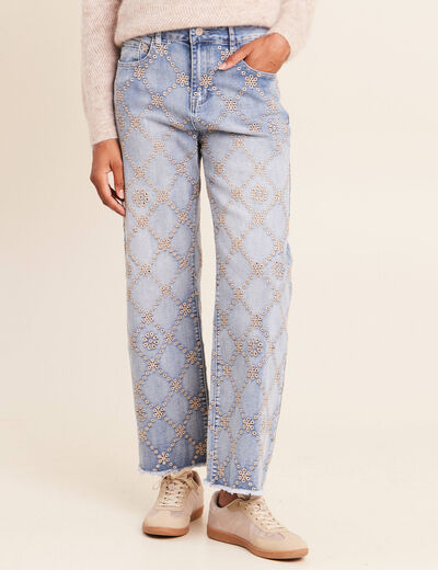 Jean taille haute avec broderie blanc femme