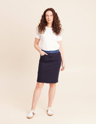 Jupe droite bi-mati&egrave;re bleu fonc&eacute; femme
