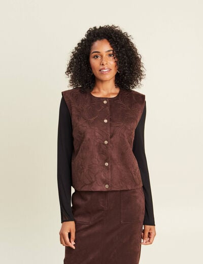 Veste sans manches doubl&eacute;e marron fonc&eacute; femme
