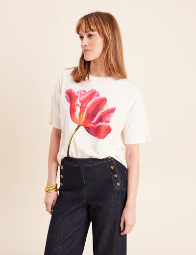 T-shirt col rond manches courtes ecru femme