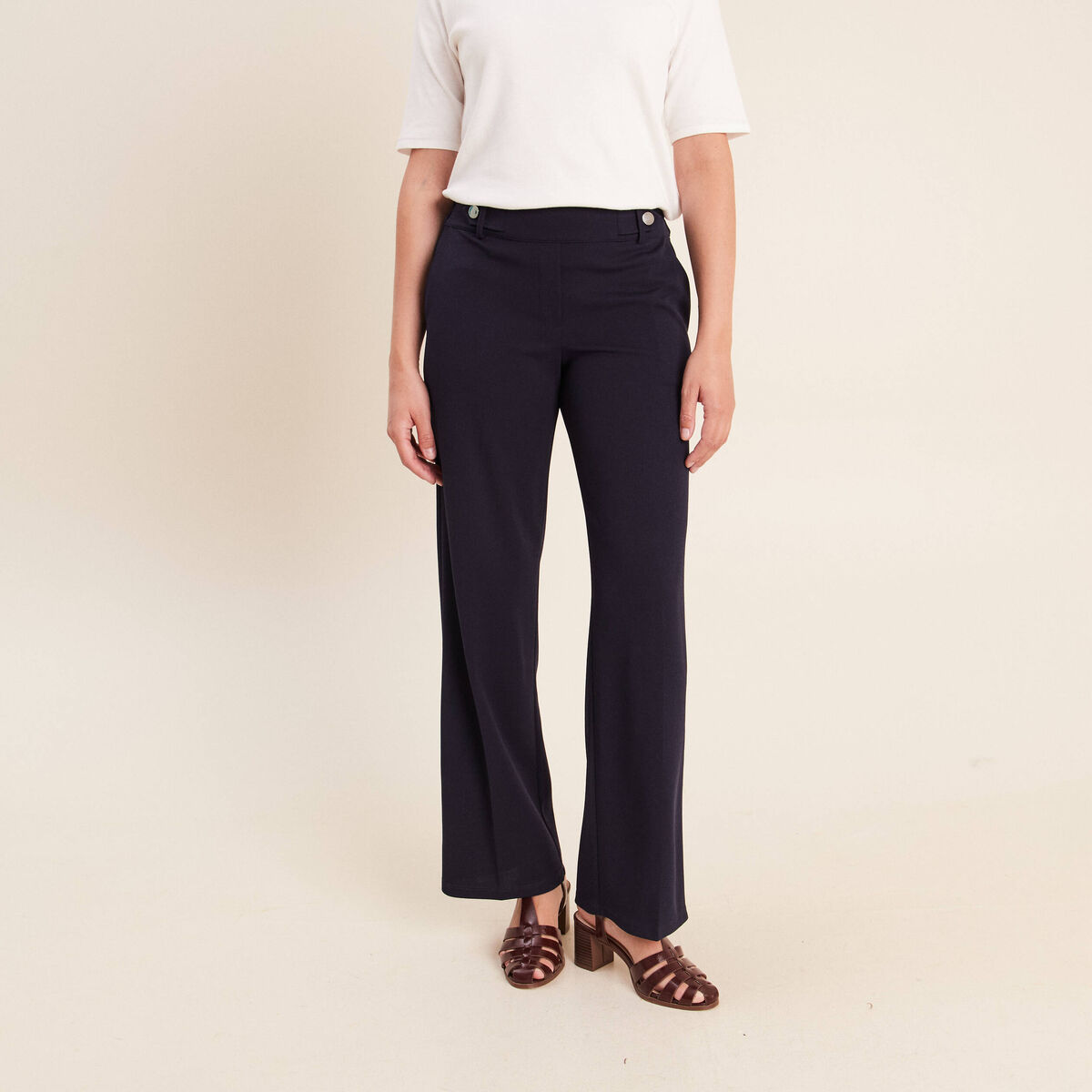 Pantalon taille haute bleu fonc&eacute; femme