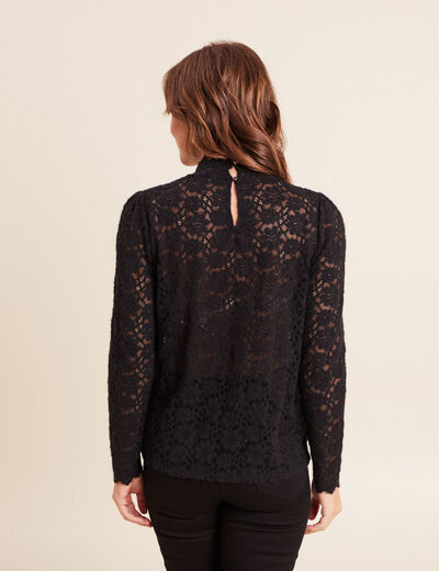 T-shirt cintr&eacute; col montant dentelle noir femme