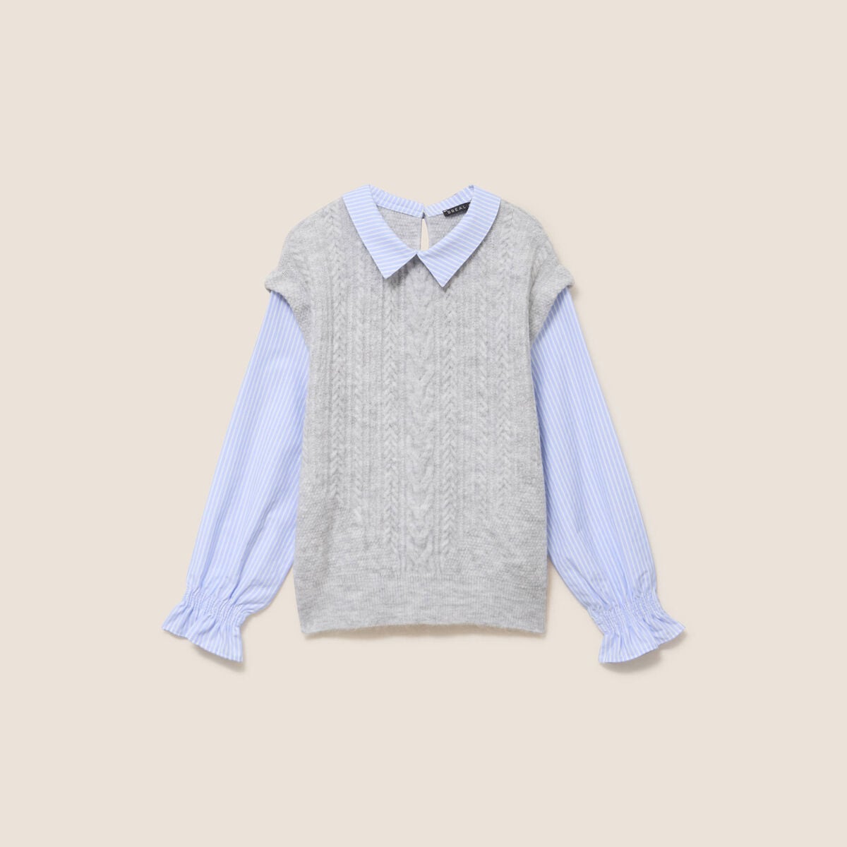 Pull bi-mati&egrave;re col chemise gris clair femme