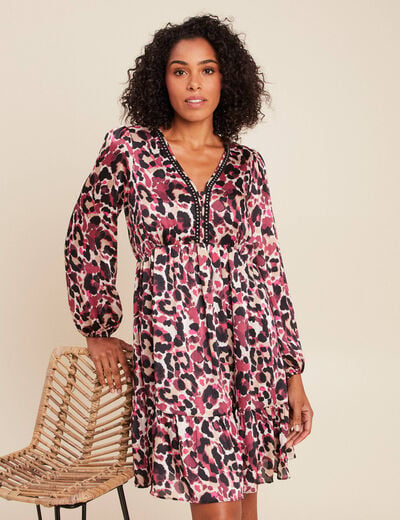 Robe courte &eacute;vas&eacute;e col v manches longues rose femme